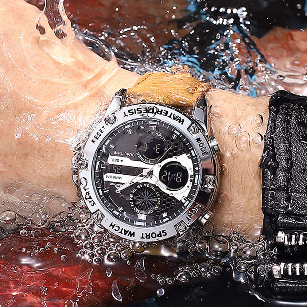 Men's Fashion Analog Digital Quartz Watch - Waterproof Leather Strap