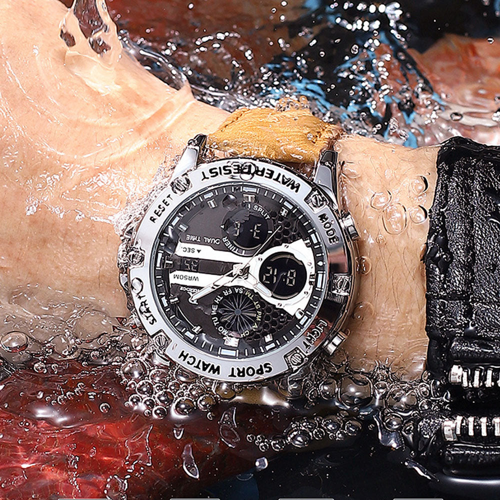 Dual Display Leather Men's Watch - Water Resistant Quartz