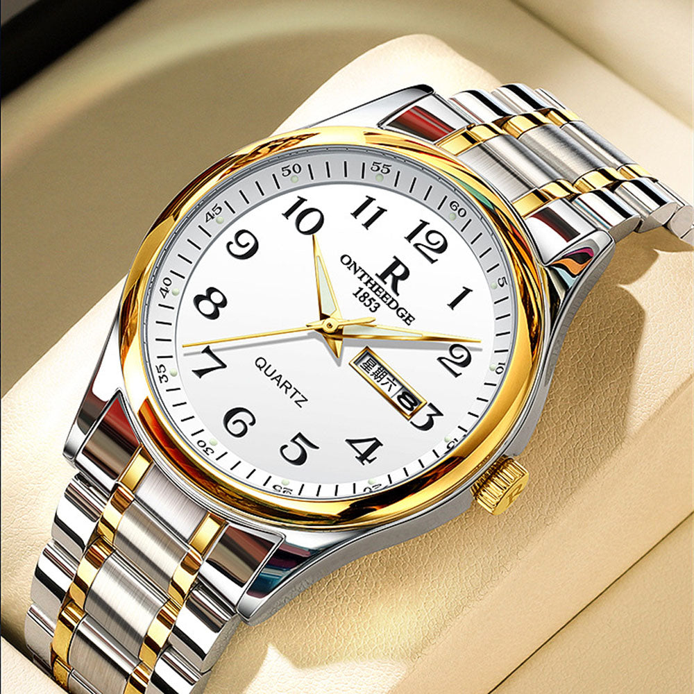 Gold Waterproof Quartz Watch with Large Dial & Luminous Hands