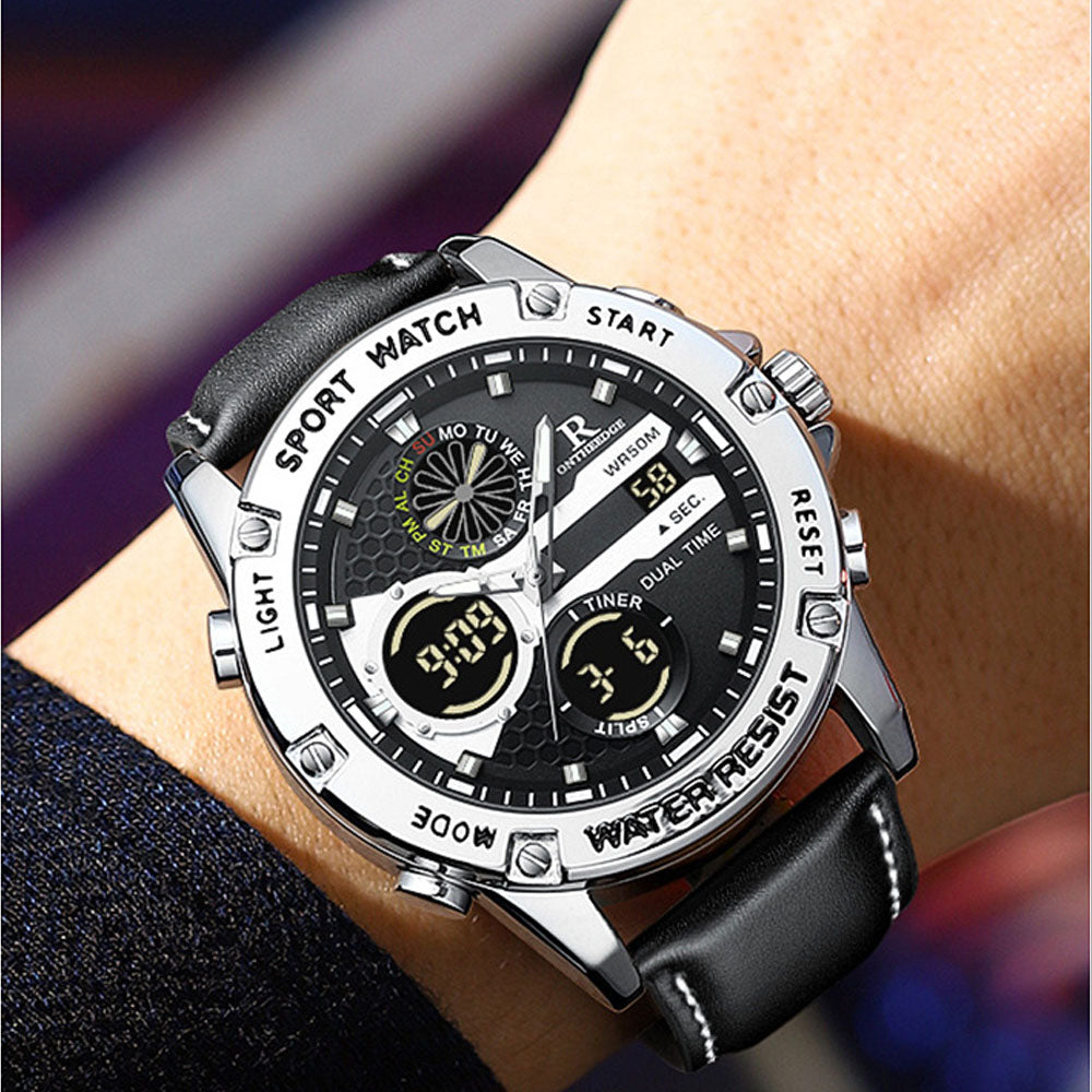 Dual Display Leather Men's Watch - Water Resistant Quartz