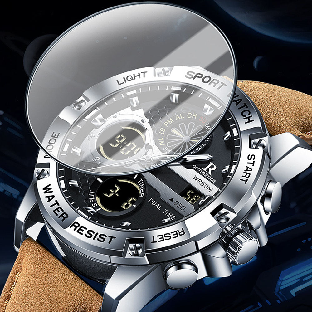Men's Fashion Analog Digital Quartz Watch - Waterproof Leather Strap