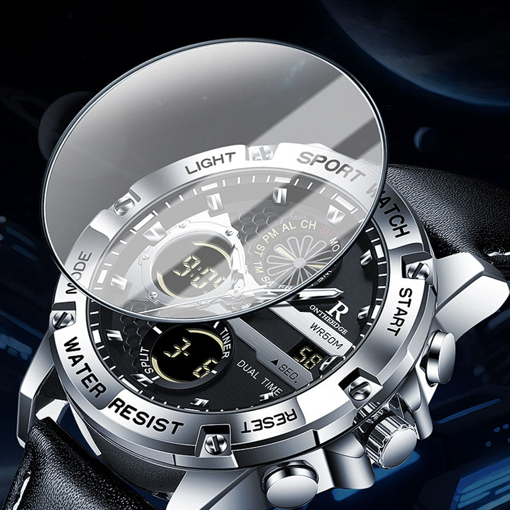 Men's Dual Display Leather Watch with Alarm & Calendar