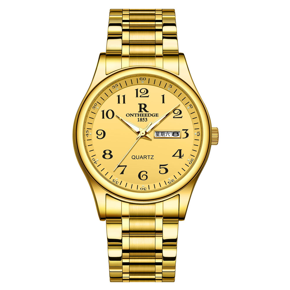 Gold Waterproof Quartz Watch with Large Dial & Luminous Hands