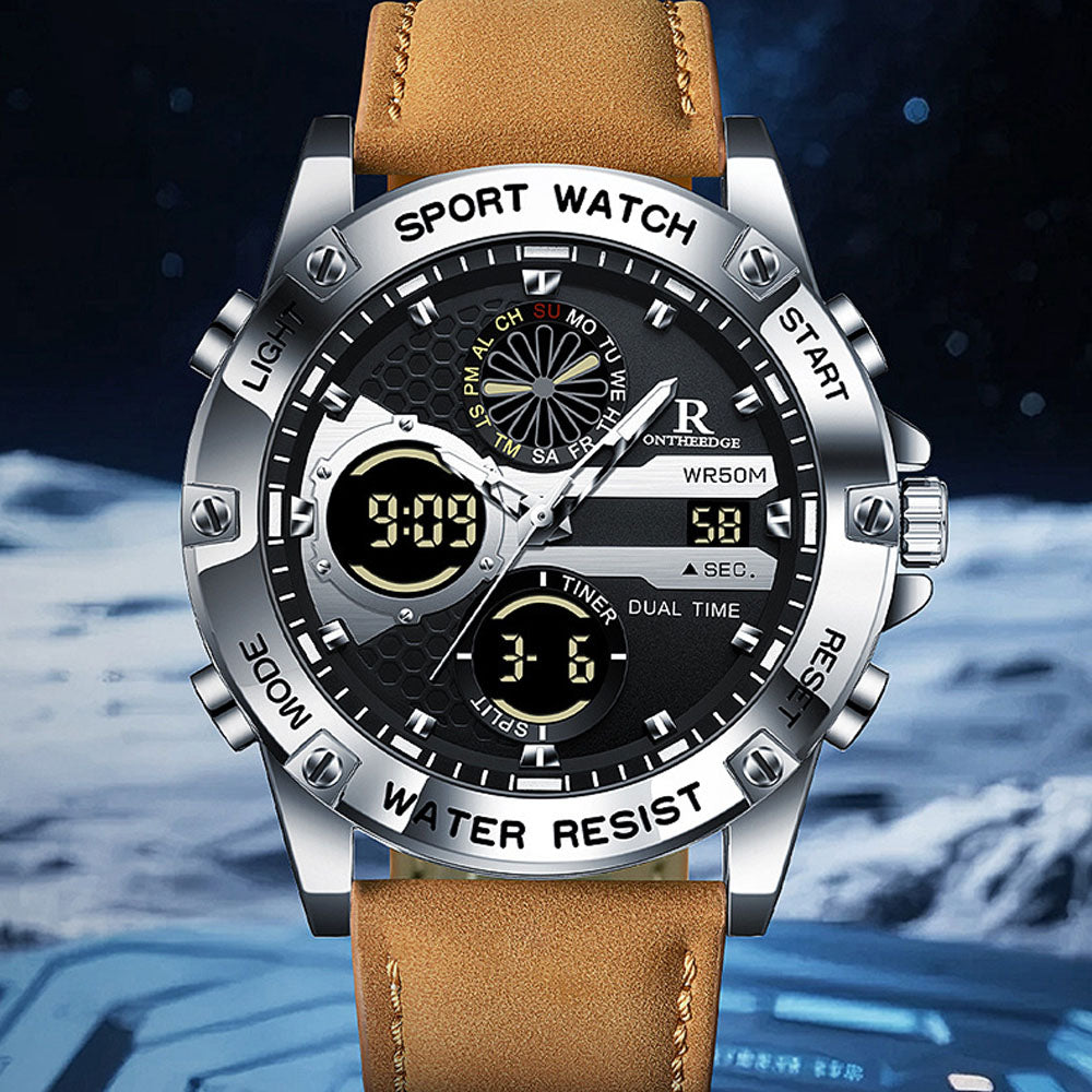 Men's Fashion Analog Digital Quartz Watch - Waterproof Leather Strap