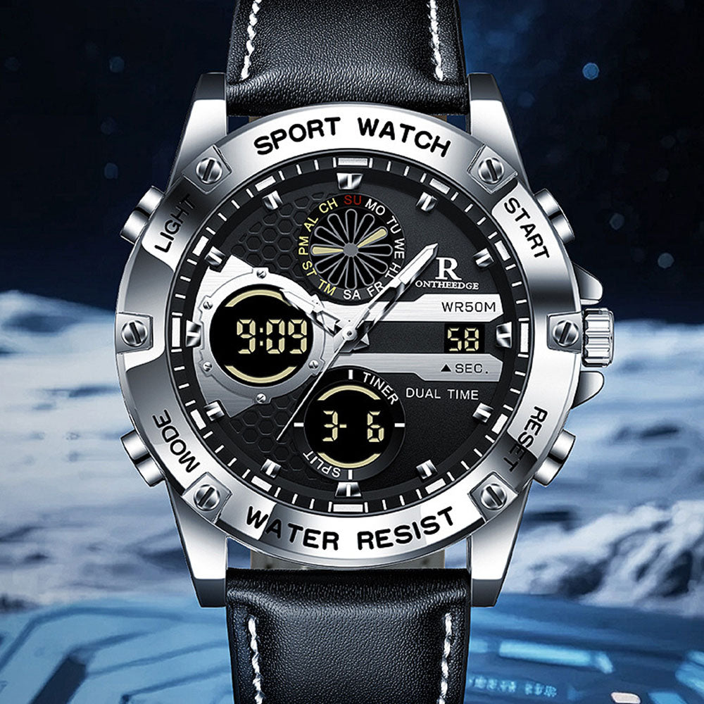 Men's Dual Display Leather Watch with Alarm & Calendar