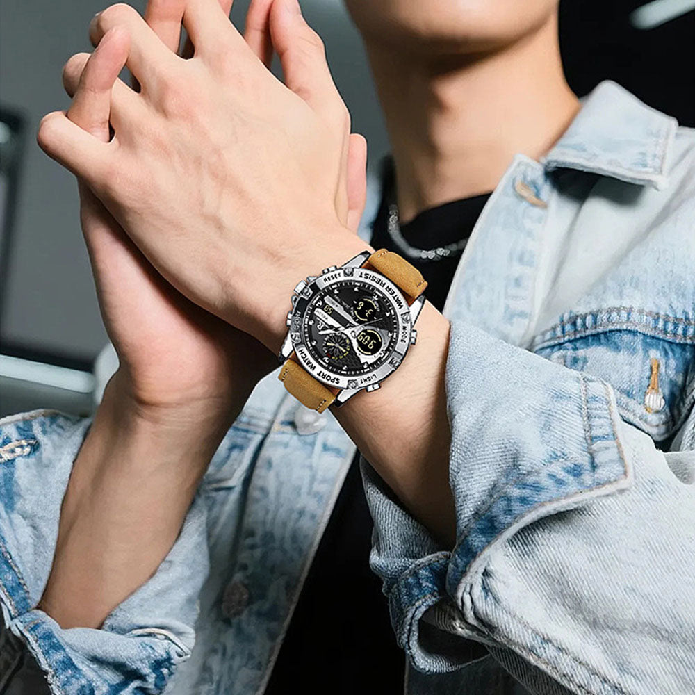 Men's Fashion Analog Digital Quartz Watch - Waterproof Leather Strap