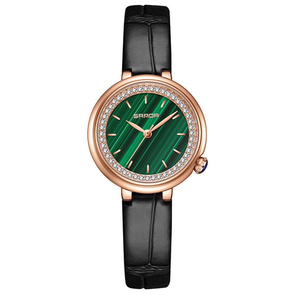 Elegant Malachite Quartz Watch with Crystal Stones - Luxury Women's