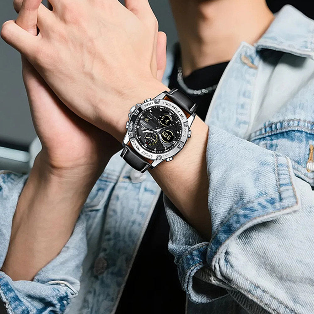 Men's Dual Display Leather Watch with Alarm & Calendar