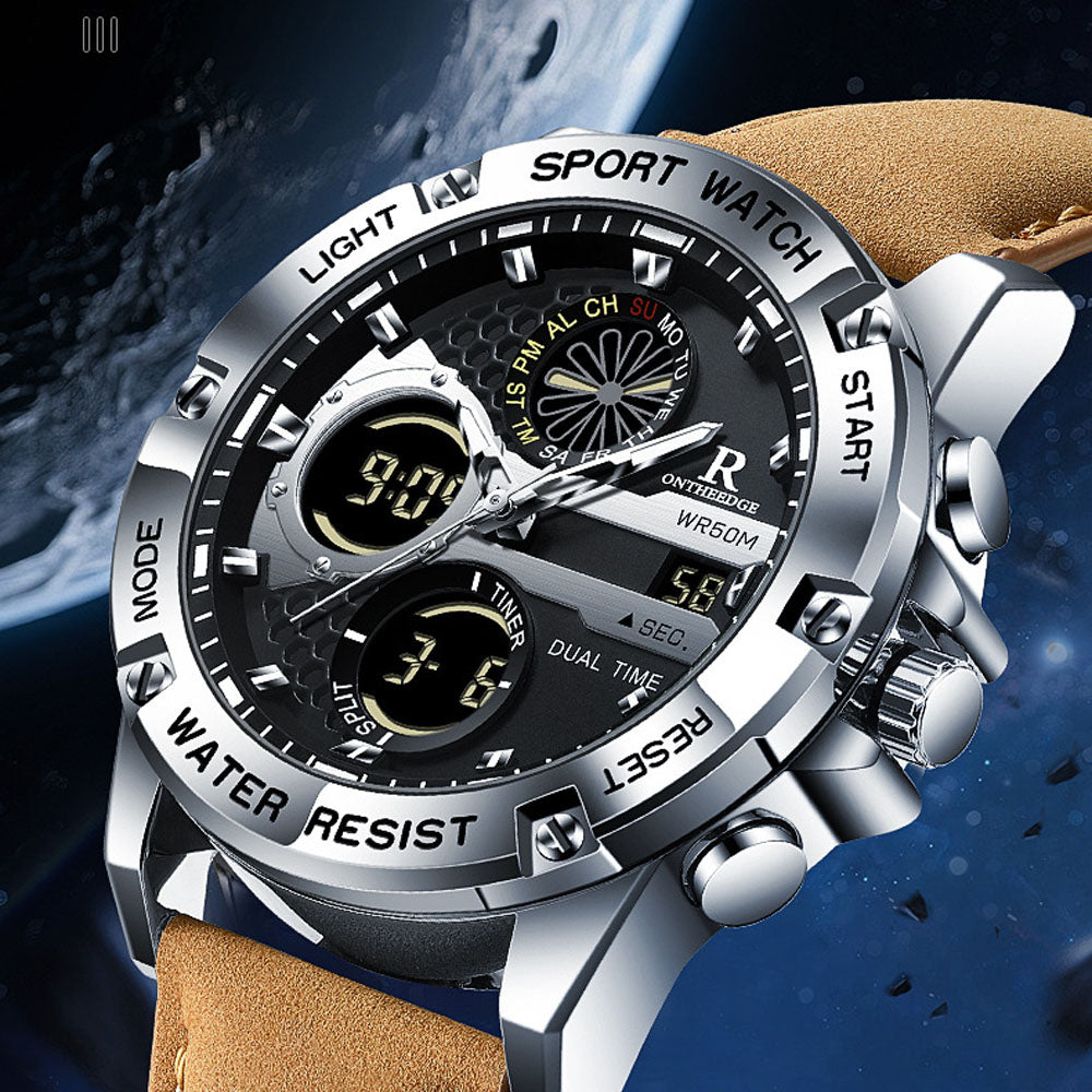 Men's Fashion Analog Digital Quartz Watch - Waterproof Leather Strap