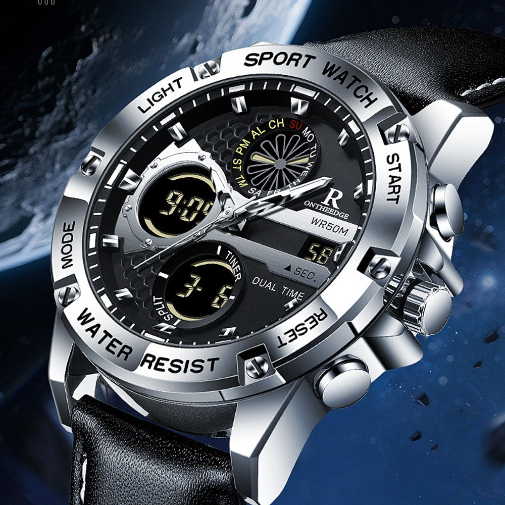 Men's Dual Display Leather Watch with Alarm & Calendar