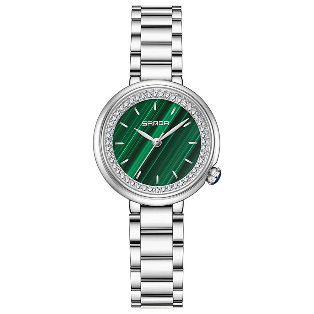 Elegant Malachite Quartz Watch with Crystal Stones - Luxury Women's