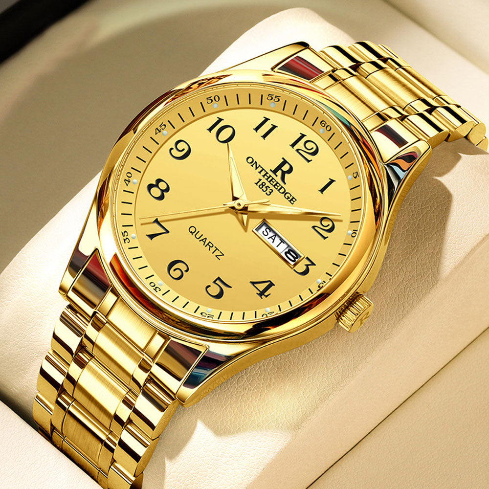 Gold Waterproof Quartz Watch with Large Dial & Luminous Hands
