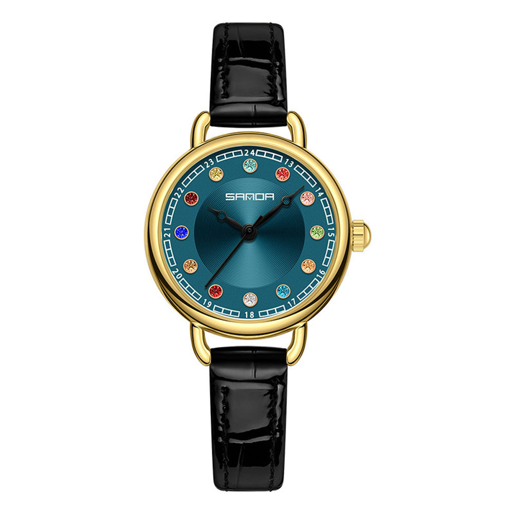 Elegant Malachite Quartz Watch with Crystal Stones - Luxury Women's