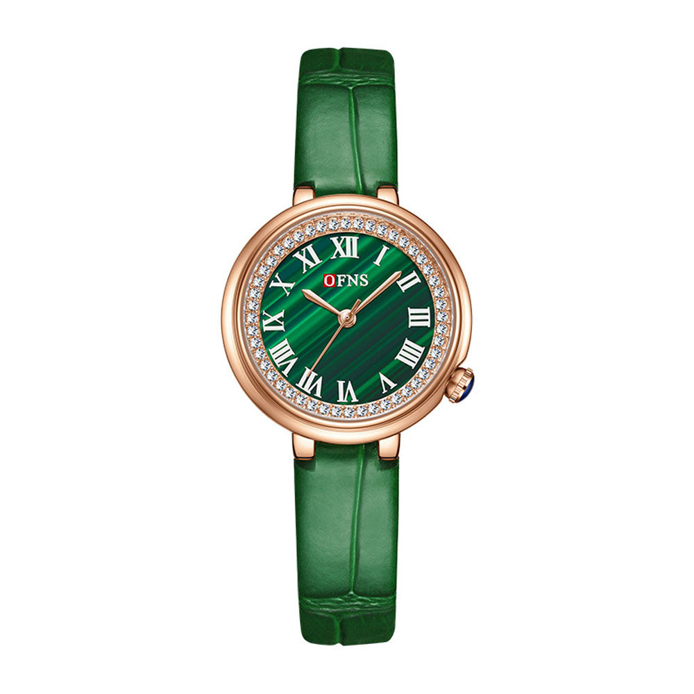 Elegant Malachite Quartz Watch with Crystal Stones - Luxury Women's
