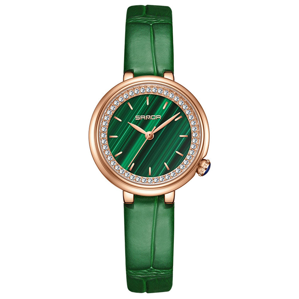 Elegant Malachite Quartz Watch with Crystal Stones - Luxury Women's