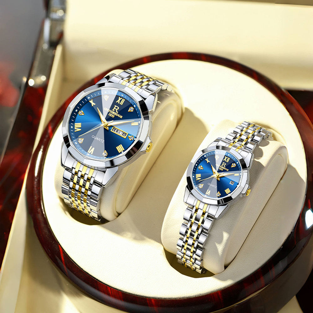 Luxury Couple Watches - Stainless Steel Quartz with Dual Calendar