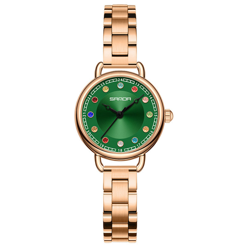 Elegant Malachite Quartz Watch with Crystal Stones - Luxury Women's