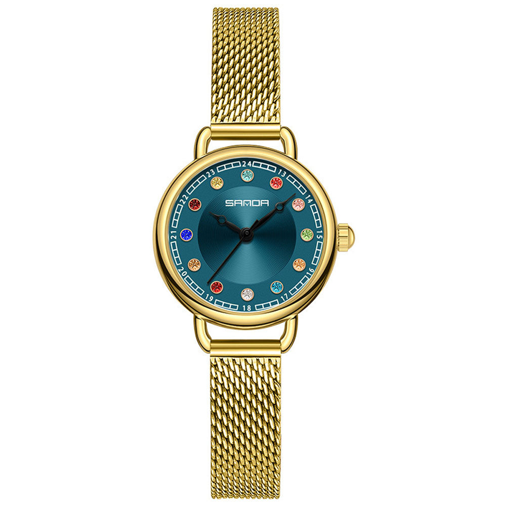 Elegant Malachite Quartz Watch with Crystal Stones - Luxury Women's
