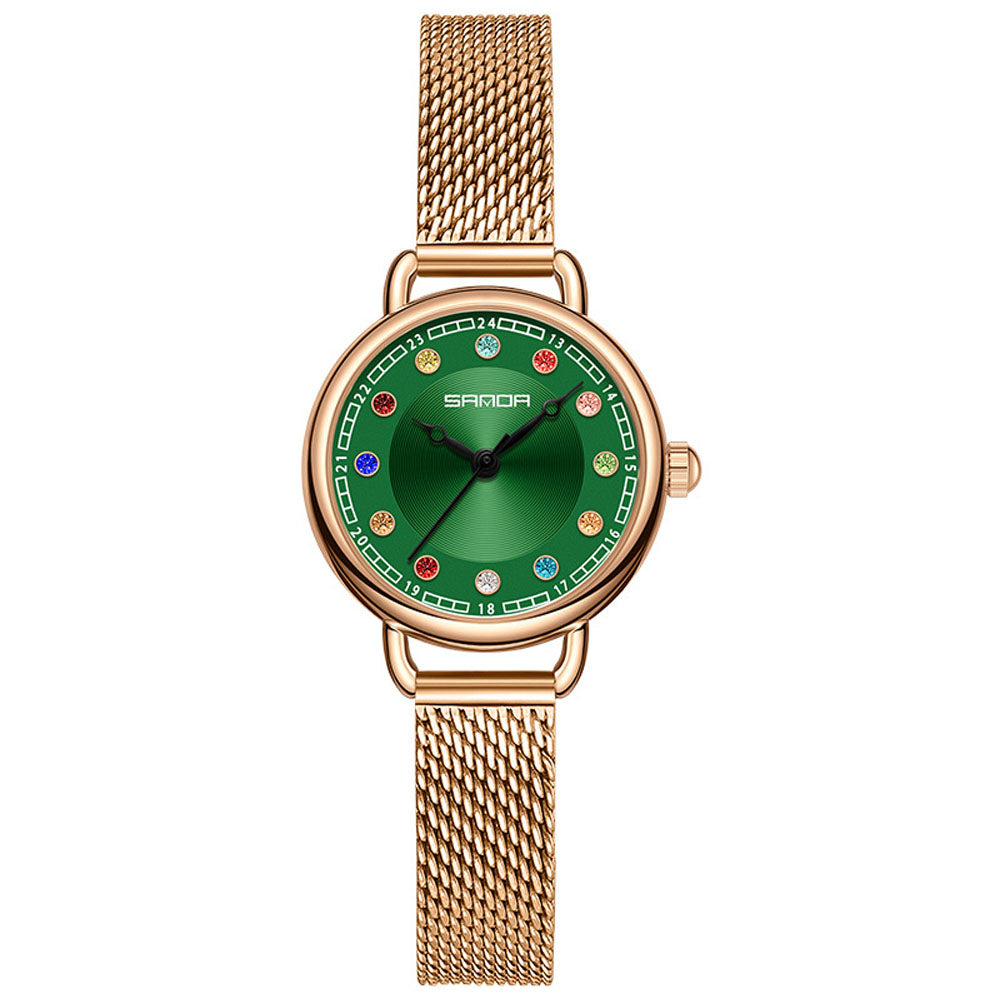 Elegant Malachite Quartz Watch with Crystal Stones - Luxury Women's