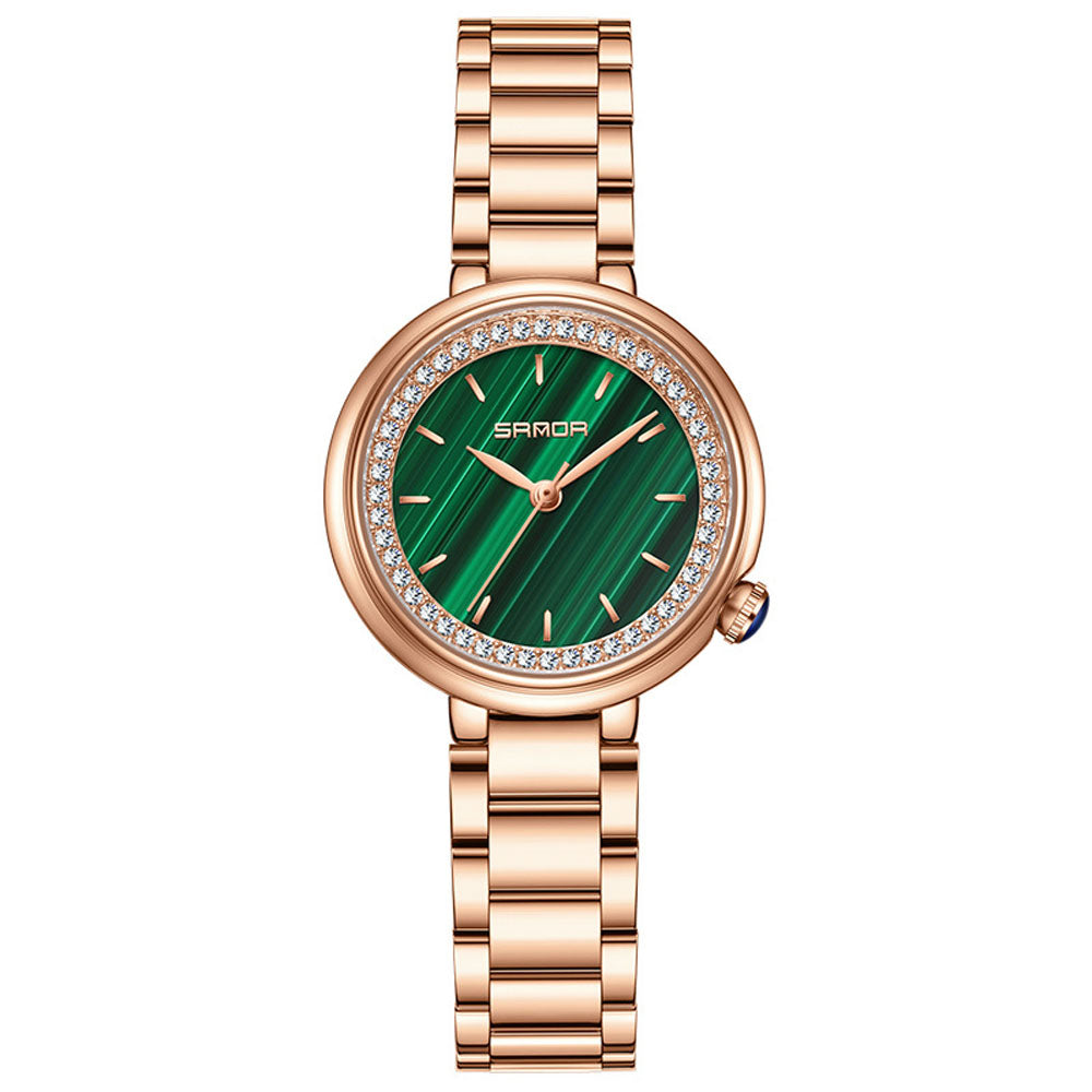 Elegant Malachite Quartz Watch with Crystal Stones - Luxury Women's