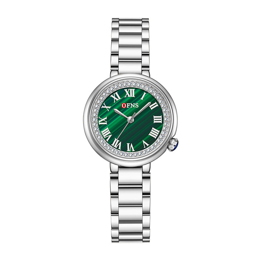 Elegant Malachite Quartz Watch with Crystal Stones - Luxury Women's