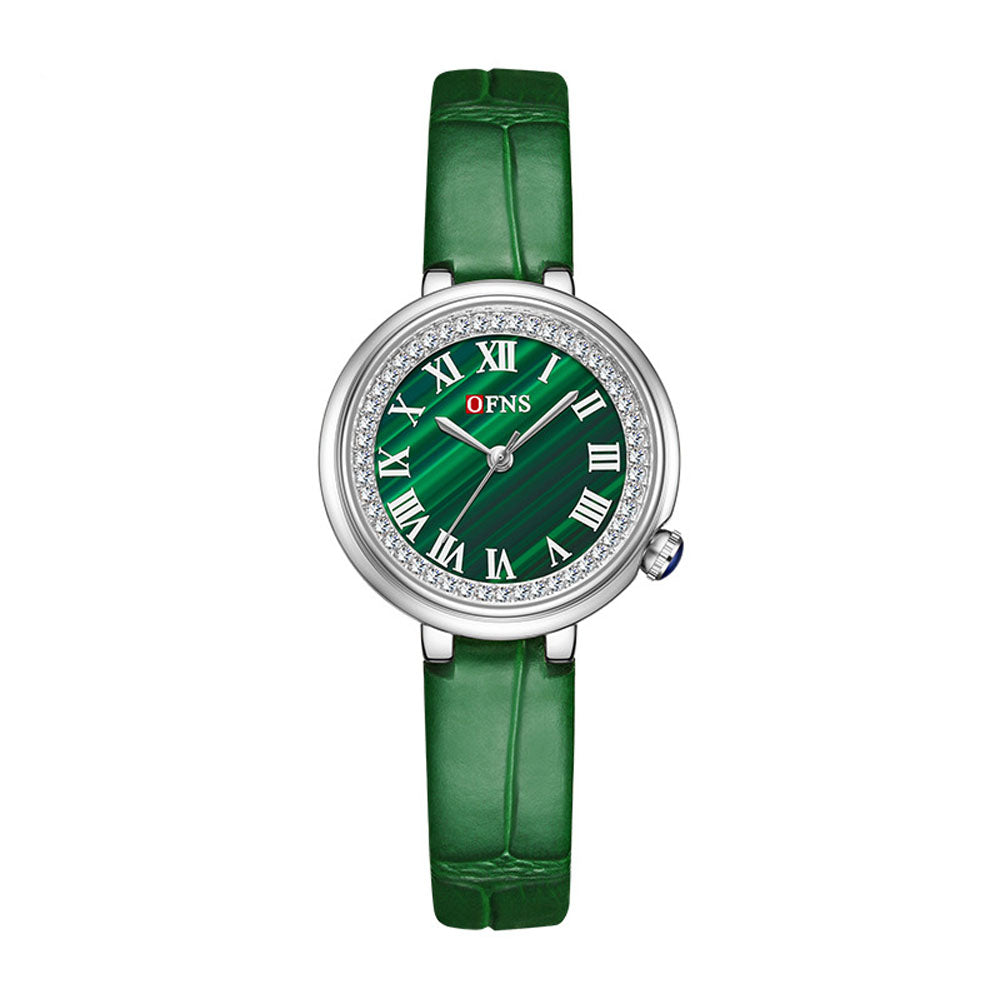 Elegant Malachite Quartz Watch with Crystal Stones - Luxury Women's
