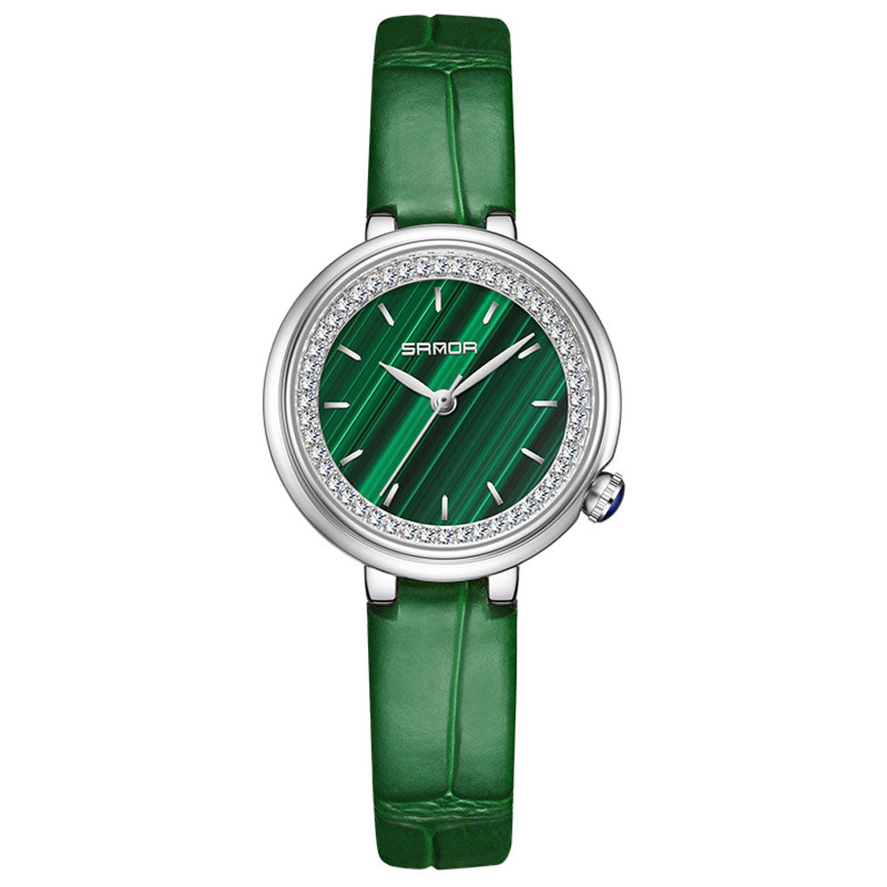 Elegant Malachite Quartz Watch with Crystal Stones - Luxury Women's