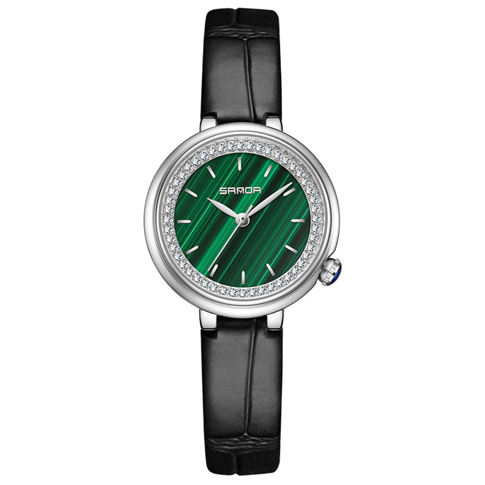 Elegant Malachite Quartz Watch with Crystal Stones - Luxury Women's