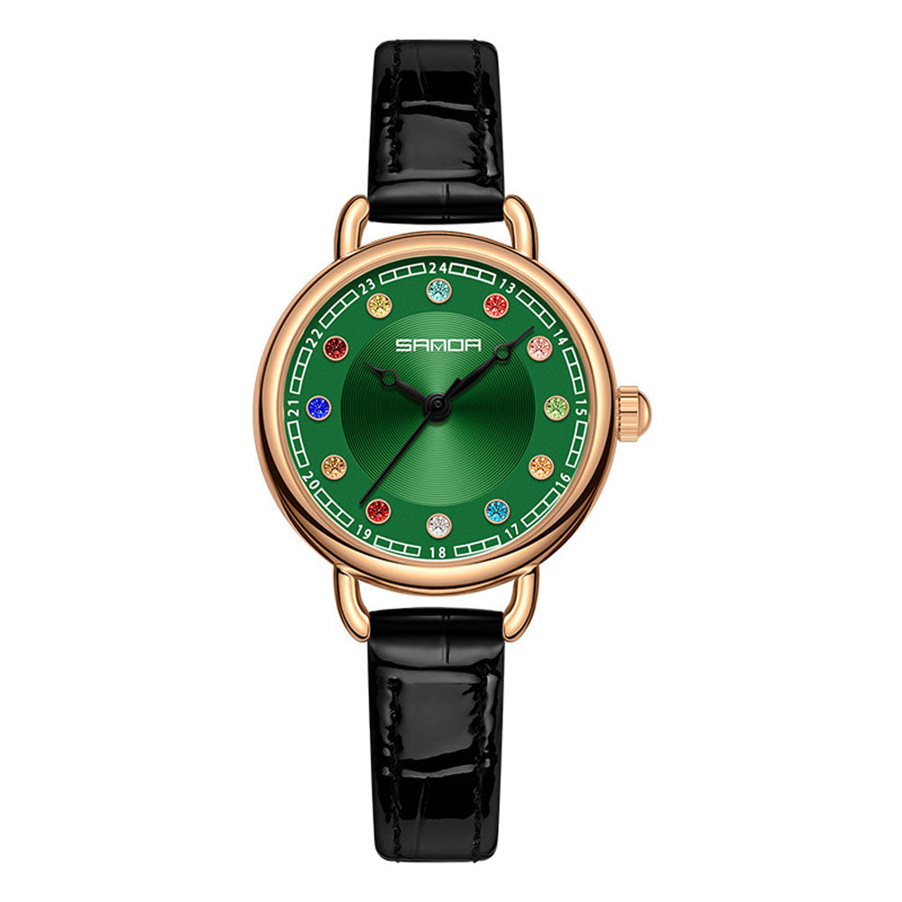 Elegant Malachite Quartz Watch with Crystal Stones - Luxury Women's