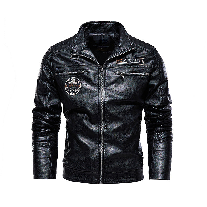 Mens Cross-Border PU Leather Jacket e Motorcycle Coat with Velvet Lining