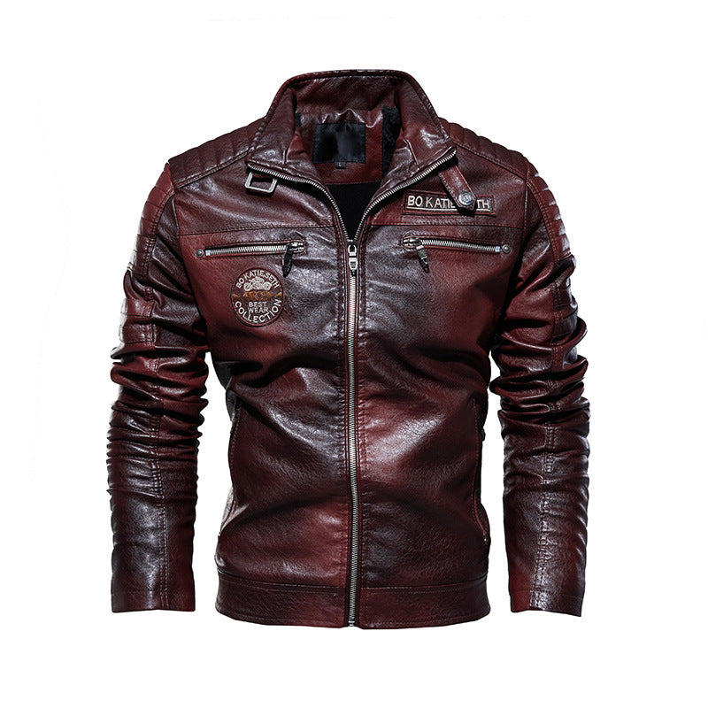 Mens Cross-Border PU Leather Jacket e Motorcycle Coat with Velvet Lining