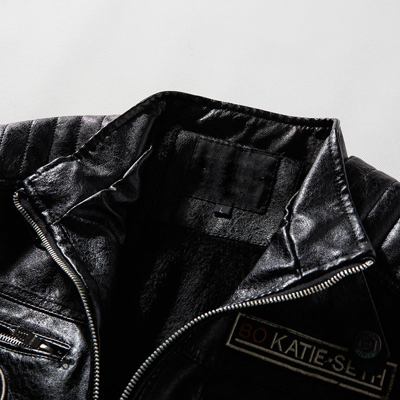 Mens Cross-Border PU Leather Jacket e Motorcycle Coat with Velvet Lining