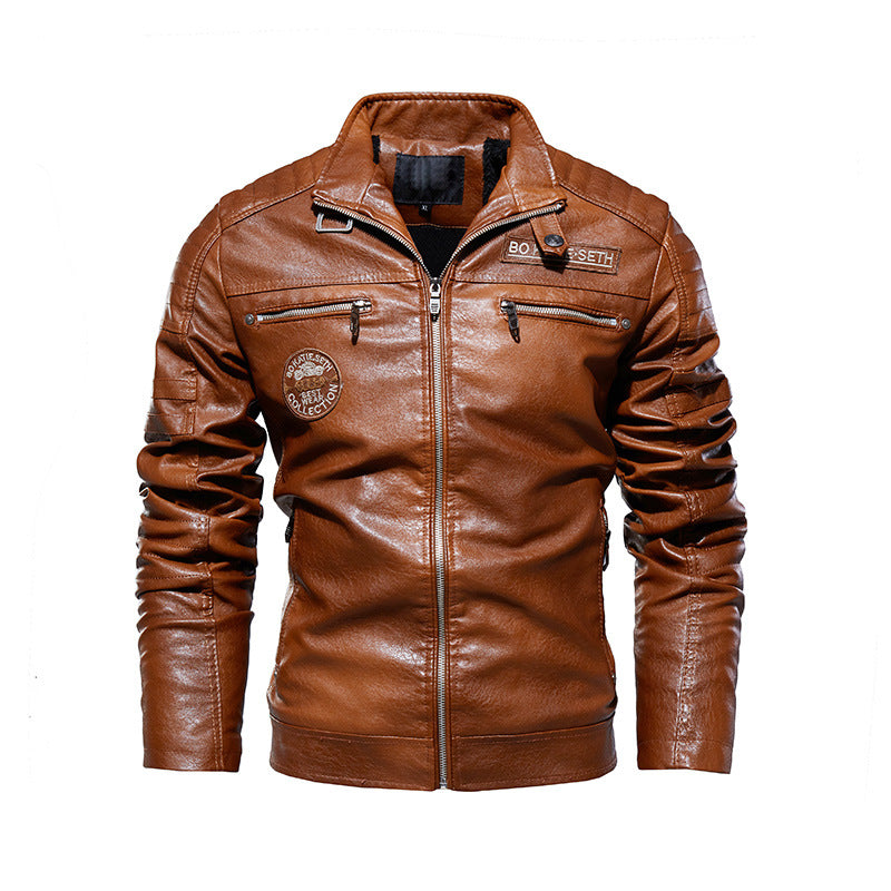 Mens Cross-Border PU Leather Jacket e Motorcycle Coat with Velvet Lining