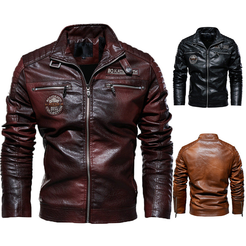Mens Cross-Border PU Leather Jacket e Motorcycle Coat with Velvet Lining