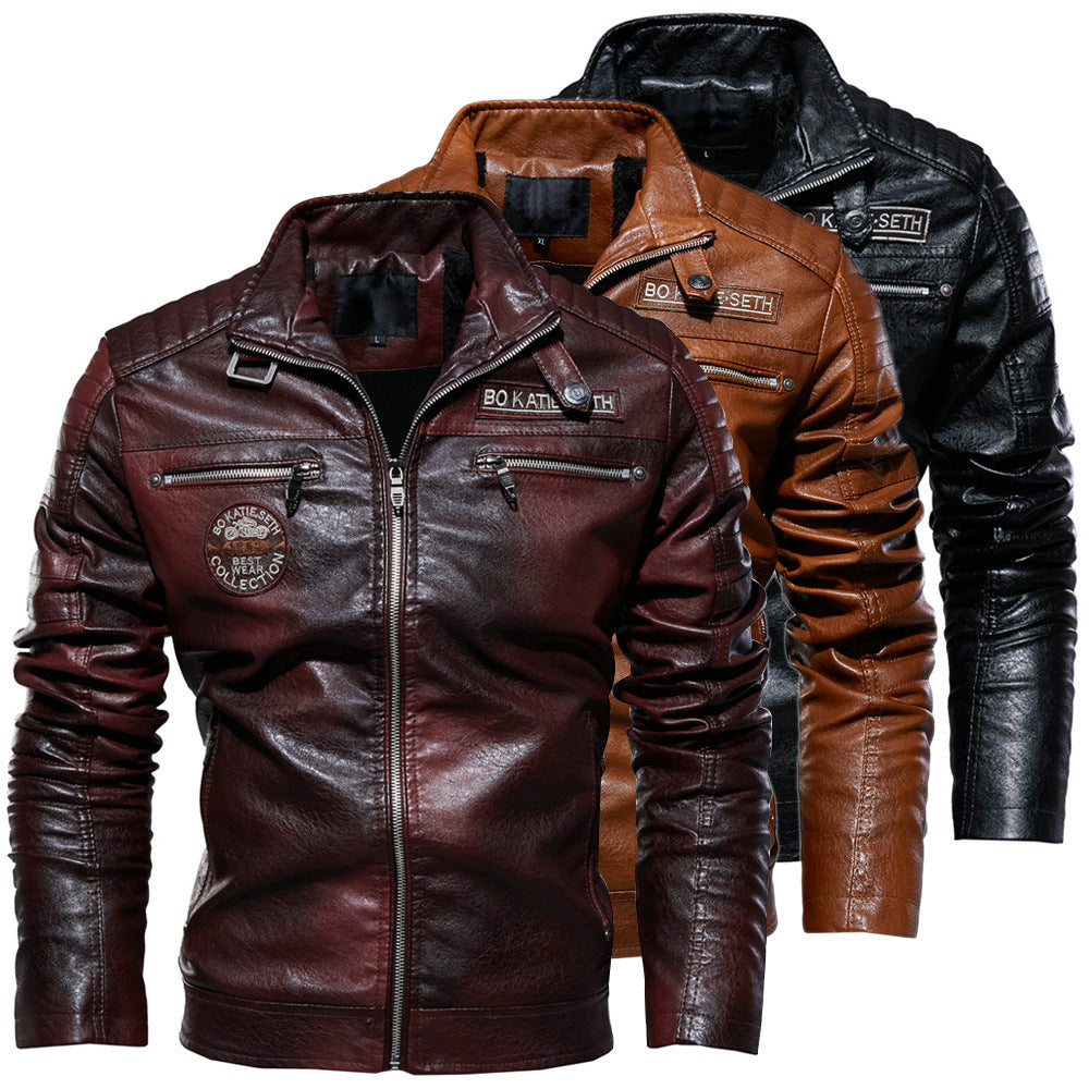 Mens Cross-Border PU Leather Jacket e Motorcycle Coat with Velvet Lining