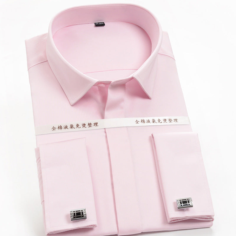 Golden Shield French Cufflinks Black Men's Shirt Long Sleeve Business Slim Formal Cotton Non-Ironing Men's Spring Shirt