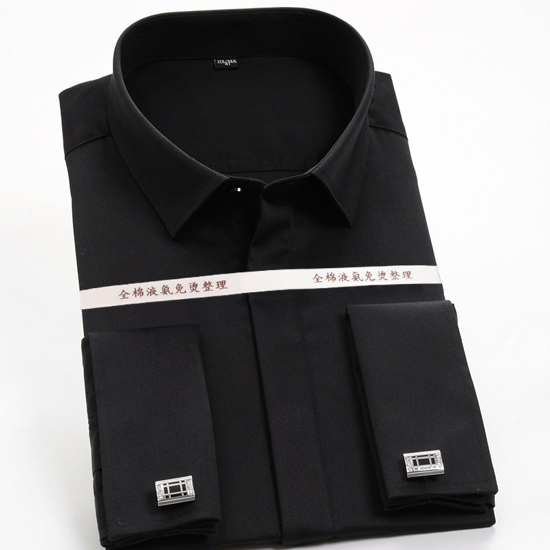 Golden Shield French Cufflinks Black Men's Shirt Long Sleeve Business Slim Formal Cotton Non-Ironing Men's Spring Shirt