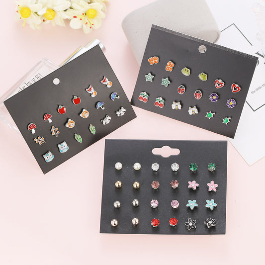 Small Flower Diamond-Studded Alloy Earrings Set - 30 Pairs