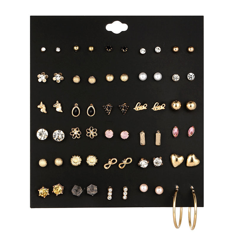 Small Flower Diamond-Studded Alloy Earrings Set - 30 Pairs