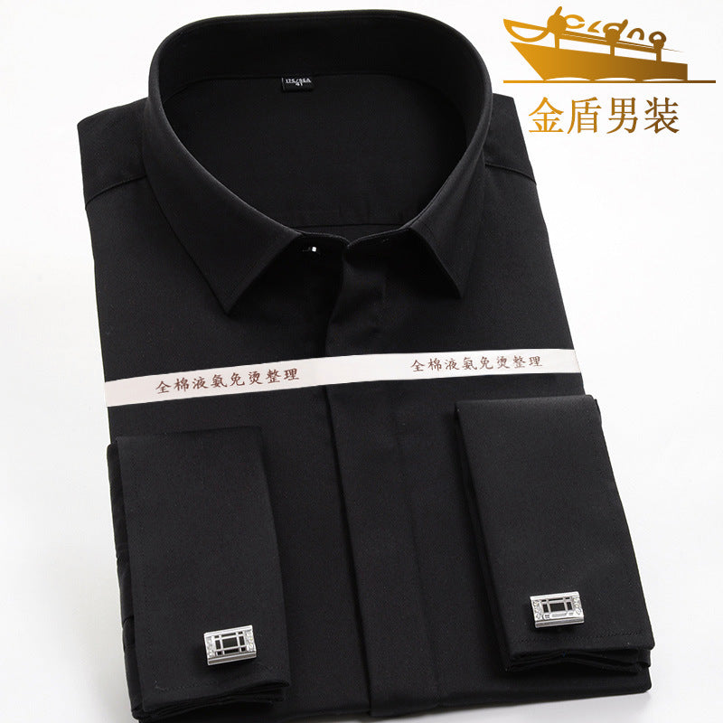 Golden Shield French Cufflinks Black Men's Shirt Long Sleeve Business Slim Formal Cotton Non-Ironing Men's Spring Shirt