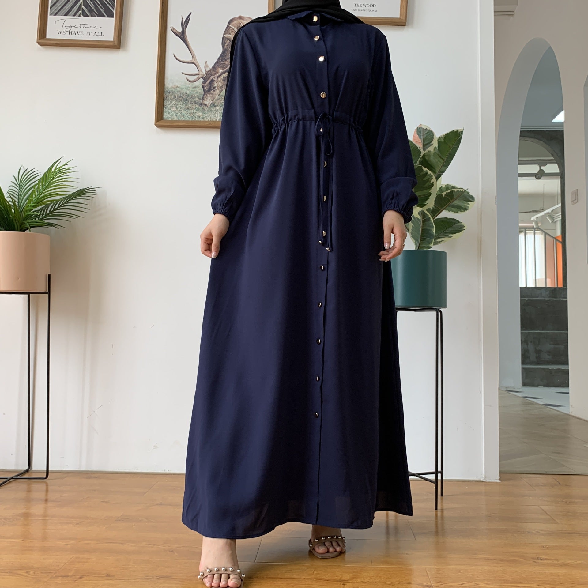 Stylish Muslim Lapel Button-Down Slim Dress