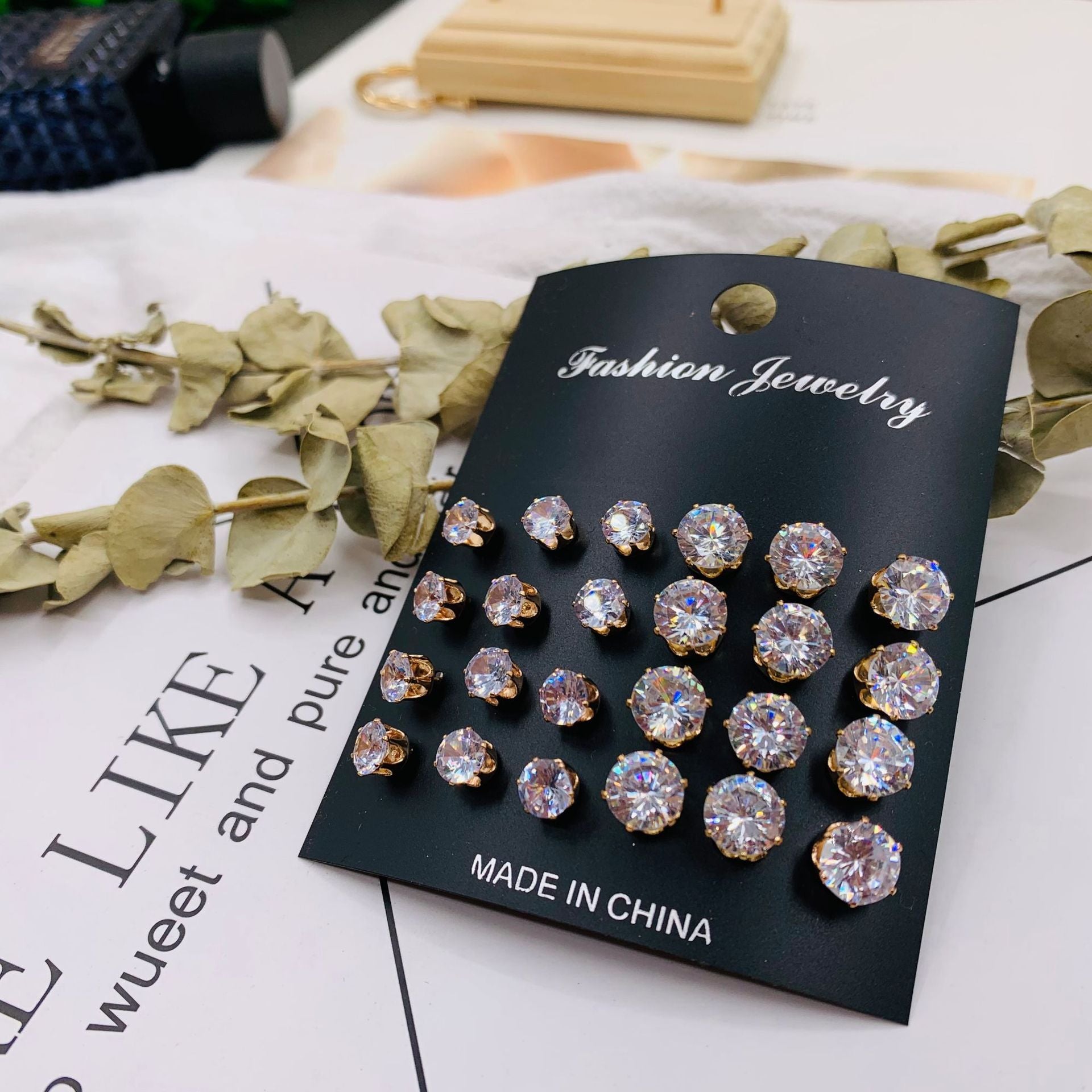 Crystal zircon card set 12 pairs of studs