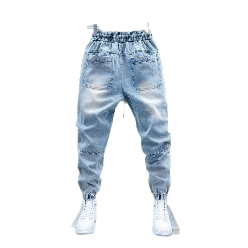 Mens Washed Retro Cargo Jeans  Loose Fit Multi-Pocket Cropped Harem Pants