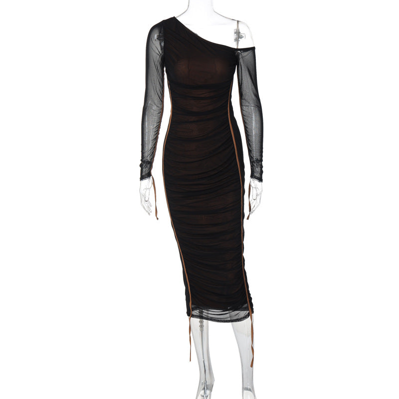 Women's long sleeve mesh stitching slanted shoulder dress