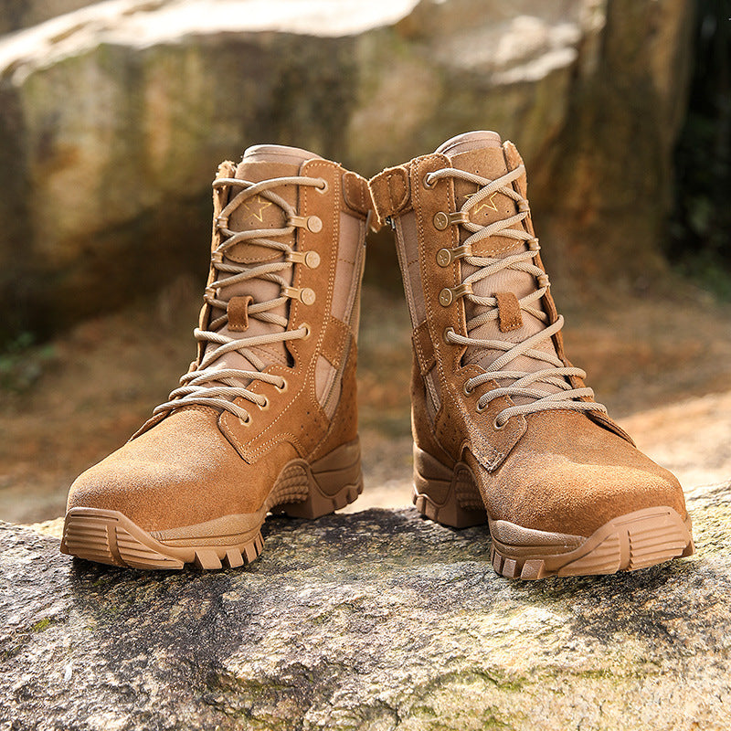 Mens Brown Combat Training Boots  Waterproof Desert Tactical Boots with Side Zipper & Non-Slip Sole