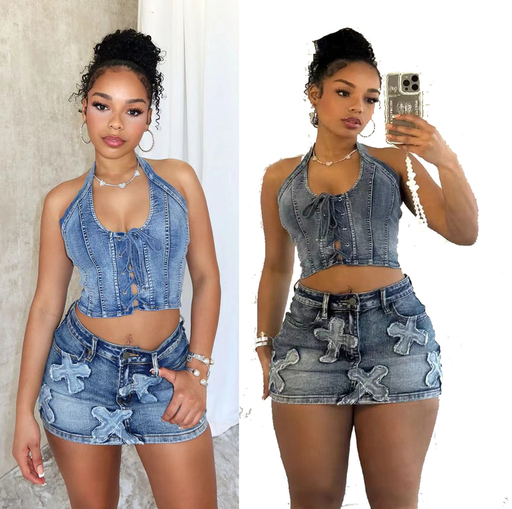 Denim skirt : embroidery casual stretch two-piece set
