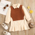 Girls' Autumn Ruffle Dress & Knitted Vest Set (On Hand)