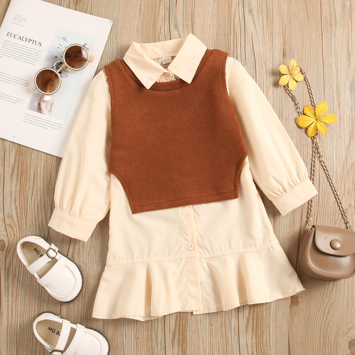 Girls' Autumn Ruffle Dress & Knitted Vest Set