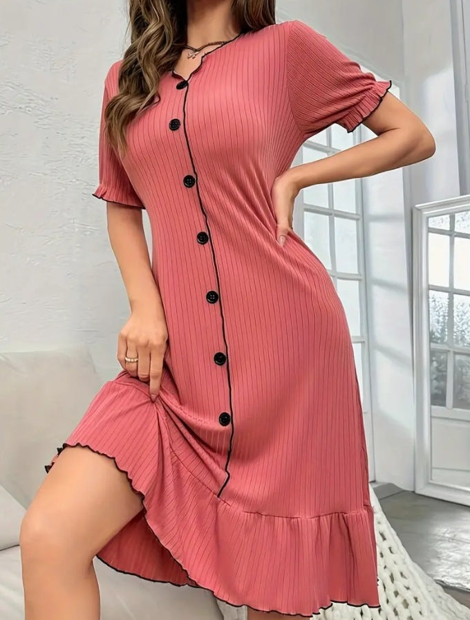 Elegant Knitted Button-Up Slim Dress  Short Sleeve