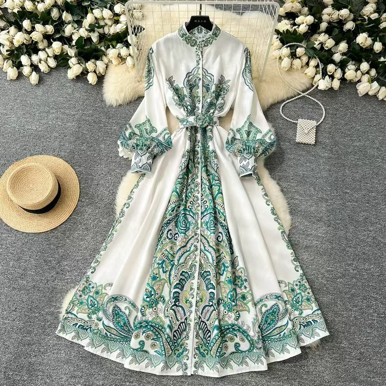 Printed Stand Collar Tie-Waist Dress